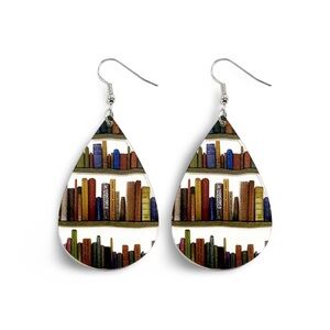 Library Bookshelf Wooden Teardrop Style Earrings School Teacher Librarian